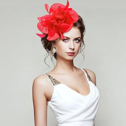 Fascinators Hats with Gloves Set for Women 20s 50s Cocktail Tea Party Wedding Costume Headwear - color: 03-red