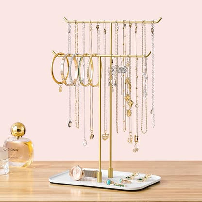 bussdis Gold Jewelry Organizer Necklace Holder Stand: 2-Tier T-Bar Display with White Metal Tray, Holds Necklaces Bracelets Earrings, Countertop Jewelry Tree - color: Gold, size: 12.5" Height