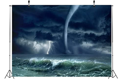 9x6ft Fabric Hurricane in The Ocean Photography Backdrop Lighting Storm and Grey Sky Background Horror Disaster Scenery Decorations Halloween Themed Party Photoshoot Booth Studio Props - size: 9x6FT