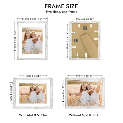 Hongkee 10x13 Picture Frame with Glass, Display Diploma 8.5x11 with Mat or 10 x 13 without Mat - Wall and Tabletop, 10 by 13 Photo Wooden Frames (Distressed White, 1 Pack) - color: Distressed White, size: 10X13 in