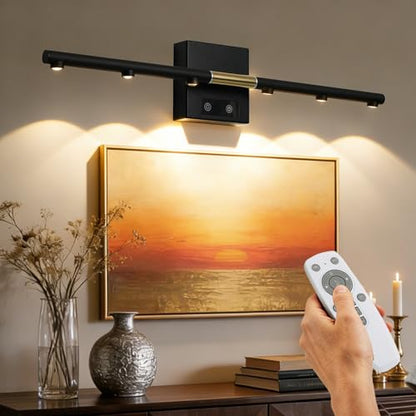 Picture Lights Rechargeable for Wall: Battery Operated Wall Sconces Wireless Art Lighting for Painting Canvas Gallery 360° Rotatable Detachable Battery Aluminum 48H(1, Black+Gold with Lens) - color: Black+Gold With Lens