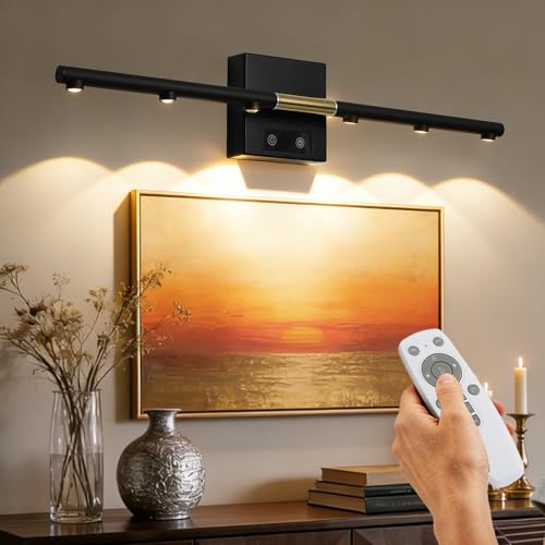 Picture Lights Rechargeable for Wall: Battery Operated Wall Sconces Wireless Art Lighting for Painting Canvas Gallery 360° Rotatable Detachable Battery Aluminum 48H(1, Black+Gold with Lens) - color: Black+Gold With Lens