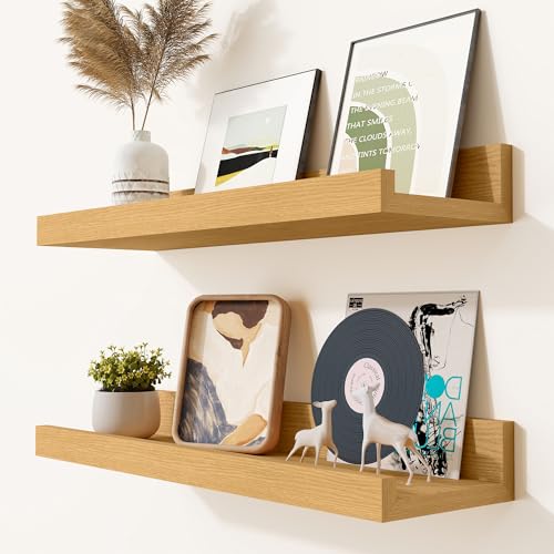 Heimlove Picture Ledge Shelf, Small Floating Shelves Set of 2, 16 Inches Picture Shelf for Wall with Ledge, Kids Bookshelf Wall Mounted for Living Room Bedroom Decor，Oak Color - color: Natural Oak, size: 16'', Set of 2