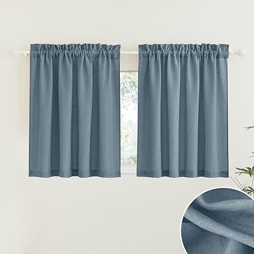 RYB HOME Sheer Curtains for Bedroom, Linen Wave Texture Semitransparent Voile Curtain Drapes Rod Pocket Window Treatment for Dining Room Bathroom Bedroom, Stone Blue, W52 x L45 inch, Set of 2 Panels - color: Stone Blue, size: 52"W x 45"L (Pack of 2)