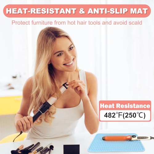 Oversize Silicone Heat Resistant Mat for Curling Irons, Flat Irons, Hair Straighteners and Hot Hair Styling Tools, Portable Wrap Pad Cover for Vanity, Travel, Salon(14.2" x 11.0") - color: Blue