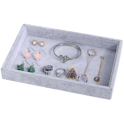 2 Pcs 9" x 5.7" Velvet Jewelry Tray Jewelry Display Tray, Stackable Empty Plate Trays for Earrings Necklaces Bracelet Rings Display Showcase - Grey - color: Grey, size: Flat Tray 9"x5.7"