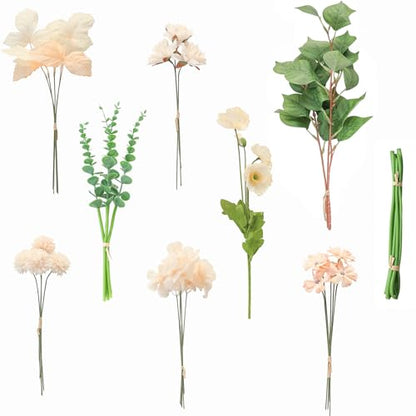 Floroom Artificial Greenery Stems Box Set, 22pcs with 8 Kinds of Faux Greenery Flowers Picks for DIY Bridal Bouquets Wedding Floral Arrangement Table Centerpieces, Green & Cream - color: Green & Cream