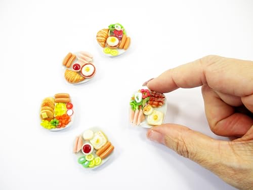 Dollhouse Miniature Food 5 Ceramic Plates Breakfast Sausage Ham Egg Supply 13744