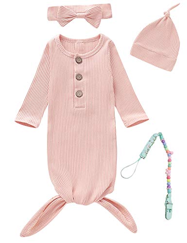 Newborn Cotton Nightgowns Neutral Baby Knotted Sleeper Baby Coming Home Outfit - color: Pink