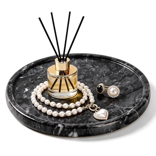 Natural Round Marble Tray - 7.8" Marble Vanity Tray for Dresser, Bathroom, Decorative Jewelry Dish for Perfumes Rings Earrings Necklaces, Stone Tray for Home Décor, Black - color: Black