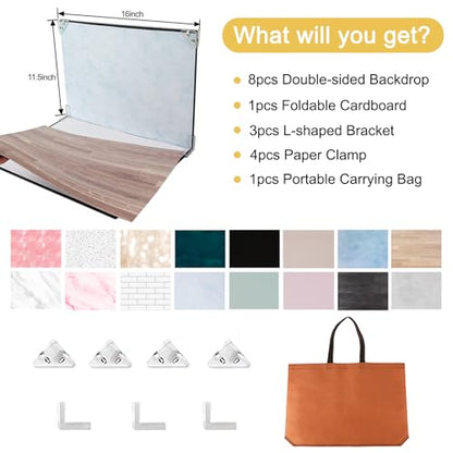 Product Photography Backdrops, 8PCS 16Patterns Small Photo Backdrop Board, ugc Background Board for Content Creators, Double Sided Flat Lay Photoshoot Props for Food Jewelry Cosmetics 16x11.5inch