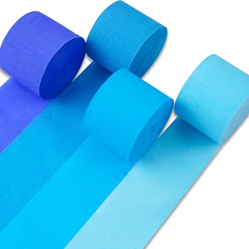 PartyWoo Blue Crepe Paper Streamers 4 Rolls 328 ft Pack of Dark Light Pastel Blue Crepe Paper for Baby Shower Gender Reveal Graduation Anniversary Birthday Party Decorations (1.8 Inch x 82 Ft/Roll) - color: Blue-9645