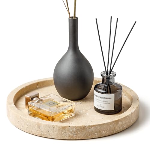 Natural Marble Vanity Tray for Bathroom Kitchen Dresser, Travertine Stone Decorative Trays for Jewelry, Perfume, Cosmetic, Candle, Round Countertop Storage Organizer for Home Decor Beige (WH019) - color: Natural Beige, size: 9.4"