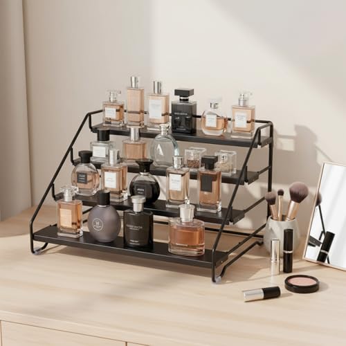 Cologne Organizer for Men, 4 Tier Perfume Stand, Metal Display Riser Stand, Dresser Organizer with Anti-Slip Washers,Display Stand Shelf for Fragrance, Skincare, Figurine, Dessert