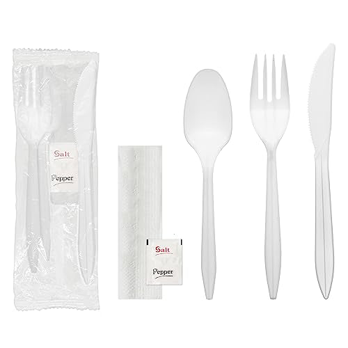 Party Essentials Individually Wrapped Plastic Cutlery Packets/Silverware Kits, White Fork/Spoon/Knife/Napkin/Salt/Pepper, 100 Sets - color: White Fork/ Spoon/ Knife/ Napkin/ Salt/ Pepper, size: 100 Sets