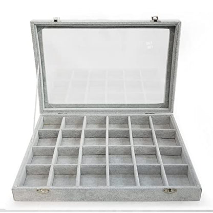 Removable 24 Grids Jewelry Organizer Box Ice Velvet Clear Lid Jewelry Tray Display Case for Earrings Rings Bracelet Grey - color: 24 Grids