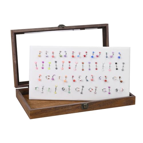 MOOCA Temper Glass Top Jewelry Display Case with Tempered Glass Lid and 54 Clip Body Jewelry Display Pad for Belly Button Rings, Tongue Rings, and Industrial Barbell Organizer, Brown Tray-White Pad - color: White Pad with Brown Wood Case