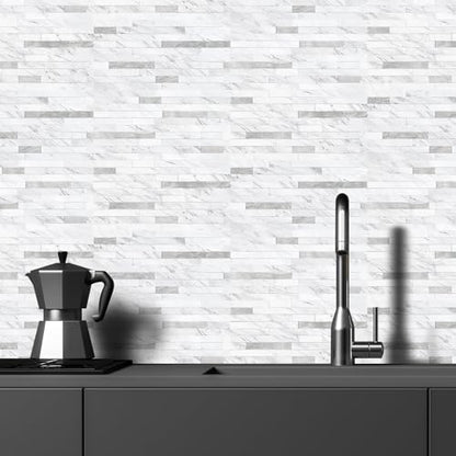 STICKGOO 20 Sheets Peel and Stick Backsplash Tile, Stick on Backsplash for Kitchen and Bathroom, White Marble Look PVC Mixed Metal Silver Self Adhesive Wall Tiles - color: White Marble + Metal Silver
