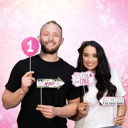 1st Birthday Girl Photo Booth Props - 41-pc Photobooth Kit with 8 x 10-Inch Sign, 60 Adhesive Pads, 45 Sticks - First Birthday Photo Kit