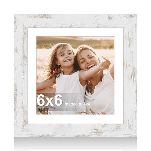Hongkee 6x6 Picture Frame with Glass, Display Pictures 4x4 with Mat or 6 x 6 without Mat - Wall and Tabletop, 6 by 6 Photo Wooden Frames (Distressed White, 1 Pack) - color: Distressed White, size: 6X6 in
