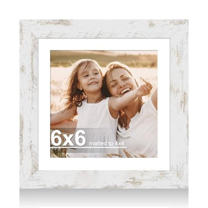 Hongkee 6x6 Picture Frame with Glass, Display Pictures 4x4 with Mat or 6 x 6 without Mat - Wall and Tabletop, 6 by 6 Photo Wooden Frames (Distressed White, 1 Pack) - color: Distressed White, size: 6X6 in