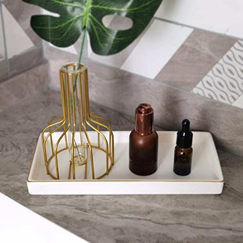 10 x 5 Ceramic Bathroom Tray for Countertop, Decorative Vanity Tray for Dresser Tops, Small Rectangular Trays for Perfume, Candle, Jewelry, Cosmetics (White) - color: White