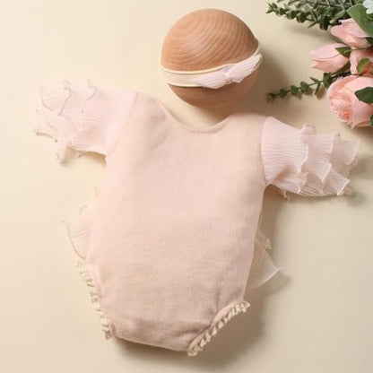 Newborn Photography Outfits Girl, Baby Girl Photo Props, Newborn Photoshoot Ruffles Outfits with Headband - color: Beige