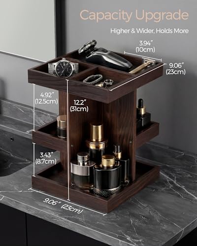 ProCase 3-Tier 360° Rotating Cologne Organizer for men, Large Capacity Wooden Countertop Display Rack for Bathroom & Dresser, Space-Saving Vanity Tray for Perfume & Skincare, Gifts for Him (Brown) - color: Brown