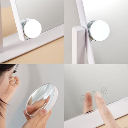 HIEEY Hollywood Makeup Mirror with 12 Dimmable Bulbs Lights, Three Color Lighting Modes, with 4in 20X Magnification Mirror, Smart Touch Control, 360°Rotation (White,Gift Box) - style: 17.3"L x 13.1"W (with 20X Mirror)