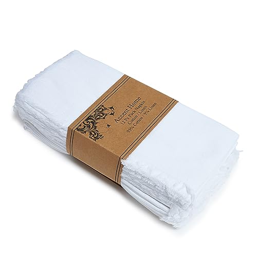 ACCENTHOME White Cotton Linen Napkin Set of 12 18x18 inch Dinner Napkins - Washable Soft Premium Hotel Quality Reusable Hemmed Edges Napkins Perfect Table Linens for Family Dinners, Weddings - color: 12 - White, size: 18"x18" - Pack of 12