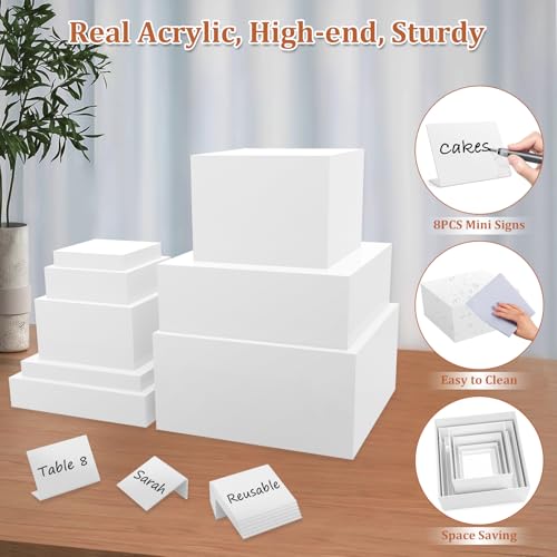 SUNEZLGO 8PCS Buffet Risers, Acrylic Large Food Risers with Mini Signs, Buffet Table Acrylic Cube Display Stands Box Risers for Party Catering Dessert Jewelry Nesting Risers with Hollow Bottom White - color: White