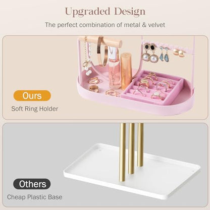 ProCase Jewelry Organizer Tower, 10 Hooks Jewelry Storage Rack Tree Holder Stand with Velvet Ring Display Tray for Necklaces Bracelets Earrings Rings Watches -Pink - color: Pink
