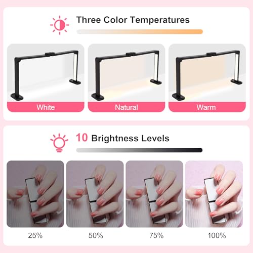 34in Half Moon Light for Nail Desk, Foldable LED Lamp for Nail Art, Tattooing, Craft Making, Stepless Dimming, 3000-6000K Color Temperature Adjustment, 456 Light Beads, Black - color: Black