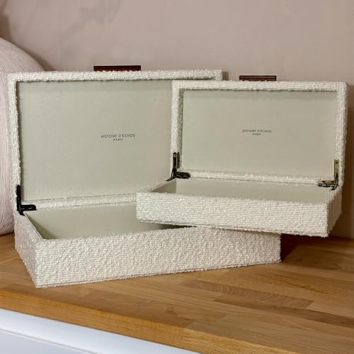 Set of 2 Ivory Bouclé Fabric Decorative Boxes with Wooden Handles, Modern Jewelry Boxes, Storage Boxes, Keepsake Boxes, Photo Memory Organizer, 14.2x8.6x3.5in