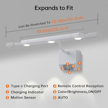 2 Pack Motion Sensor Picture Light with Remote & Extendable Bar, 600 Lumens Dimmable LED Wall Light, 5000mAh Rechargeable Battery Operated for Artwork, Photos, Hallway, Bedroom,White - color: White - 2 Pack