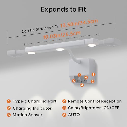 2 Pack Motion Sensor Picture Light with Remote & Extendable Bar, 600 Lumens Dimmable LED Wall Light, 5000mAh Rechargeable Battery Operated for Artwork, Photos, Hallway, Bedroom,White - color: White - 2 Pack