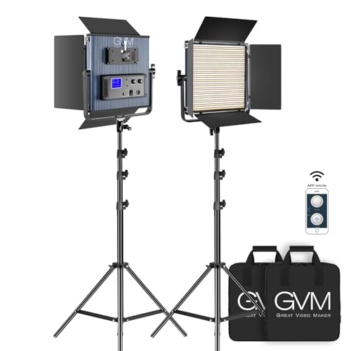 GVM 65W LED Video Lighting Kits with APP Control, Bi-Color Variable 3200K~5600K with Digital Display Brightness of 10~100% for Video Photography, CRI97+ TLCI97 Led Video Light Panel, 1216 Led Beads