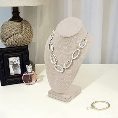 MOOCA 2 Pcs Linen Covered Wood Jewelry Display Necklace Chain Jewelry Bust Display Holder Stand, Necklaces Mannequin, 6 3/8 W x 4 1/4 D x 10 H in, Tan Linen - color: 6) Tan Linen, 2 pieces