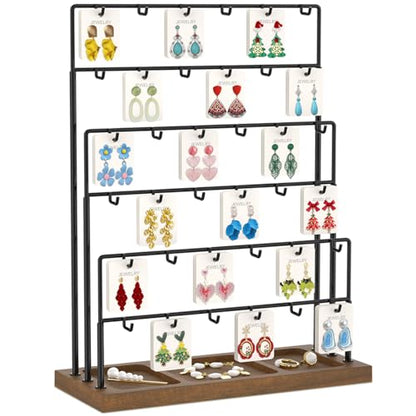 EsLuker.ly Earring Card Display Stand for Vendors Events Selling, Earring Holder Rack Metal 6 Tier 36 Hooks with Wooden Base, Large Capacity Showcase Your Jewelry at Any Event, Black - color: Dark Brown+Black