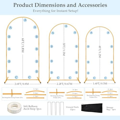 Wedding Arch Backdrop Stand, 6FT, 5FT, 4FT Set of 3 Metal Gold Balloon Arch kit Stand for Ceremony Baby Shower Birthday Bridal Party Event Background Decoration, Garden Climbing Plant Fram - size: 6FT+5FT+4FT