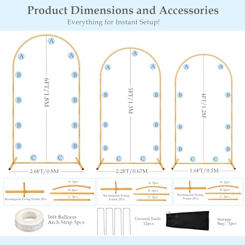 Wedding Arch Backdrop Stand, 6FT, 5FT, 4FT Set of 3 Metal Gold Balloon Arch kit Stand for Ceremony Baby Shower Birthday Bridal Party Event Background Decoration, Garden Climbing Plant Fram - size: 6FT+5FT+4FT