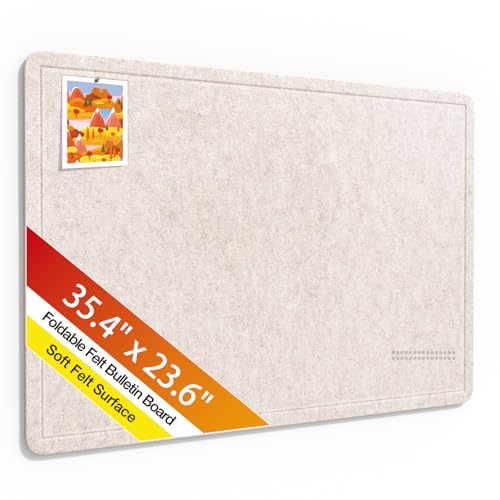 Bulletin Board,35.4 x 23.6 inches Foldable Decorative Felt Pin Board Photo Display Board with Self-Adhesive Tape, 30 Push Pins,Decorative Cork Alternative for Office Home School,Oatmeal - color: Oatmeal, size: 35.4 x 23.6 inches