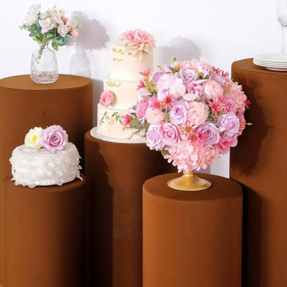 Efavormart Set of 5 | Cinnamon Brown Spandex Cylinder Plinth Display Box Stand Covers, Stretchable Pedestal Pillar Prop Covers - 160 GSM - color: Brown, size: Spandex Cylinder Covers