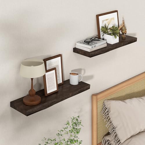 Axeman 24 inch Floating Shelves for Wall - 8'' D Live Edge Rustic Solid Elm Wood Floating Shelves Wall Mounted, Wall Shelves with Invisible Bracket for Living Room Bedroom Kitchen, Set of 2 Walnut - color: Walnut With Live Edge, size: 24 inches - 2P