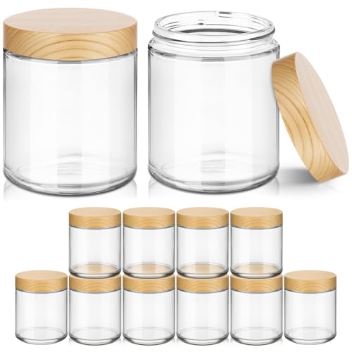 8 oz Glass Jars with Lids, 12 Pack Small Glass Jars with Plastic Woodgrain Lids, Lotion Container Empty Cosmetic Travel Containers for Sample, Cream, Lotion, Honey, Powder - color: Clear-Woodgrain Lids, size: 8 Ounces