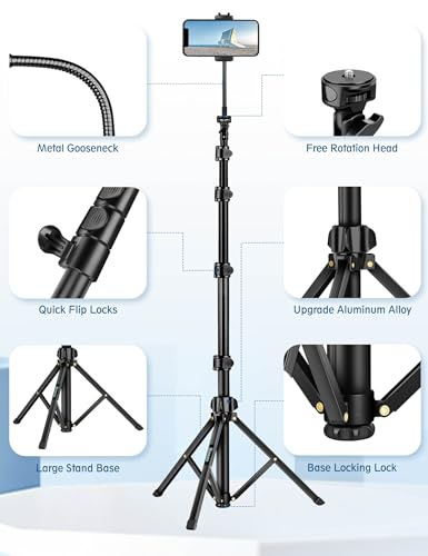 Nineigh Phone Tripod, 85" Tripod for Cell Phone iPhone with Gooseneck, Aluminum Tripods Stand for Video Recording Photo Vlog, Travel Cellphone Tripod with Remote Compatible with iPhone Android - size: 85 Inch