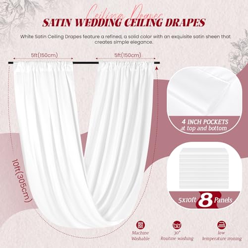 8 Panels White Ceiling Drapes for Wedding 5ftx10ft Arch Draping Fabric Premium Smooth Satin Drapery Decorations for Party Ceremony Stage Swag - color: White, size: 60"W x 120"L (Pack of 8)