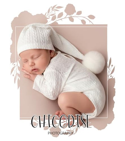 Newborn Photography Props, Infant Photoshoot Outfit Romper & Pom Pom Hat for Baby Boys Girls - color: White