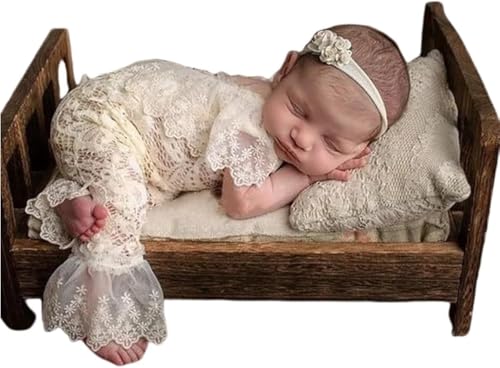 Baby Photography Props Outfit Lace Rompers Newborn Girl Photo Shoot Outfits Flower Headband Princess Costume - color: Beige a