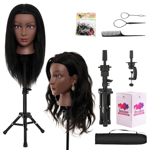 20-22 Inch Mannequin Head Human Hair with Stand,100% Real Human Hair Mannequin Head for Braiding,Cosmetology Manikin Doll Head for Styling with Table Clamp Hair Braiding Set(Brown) - color: 30 Black